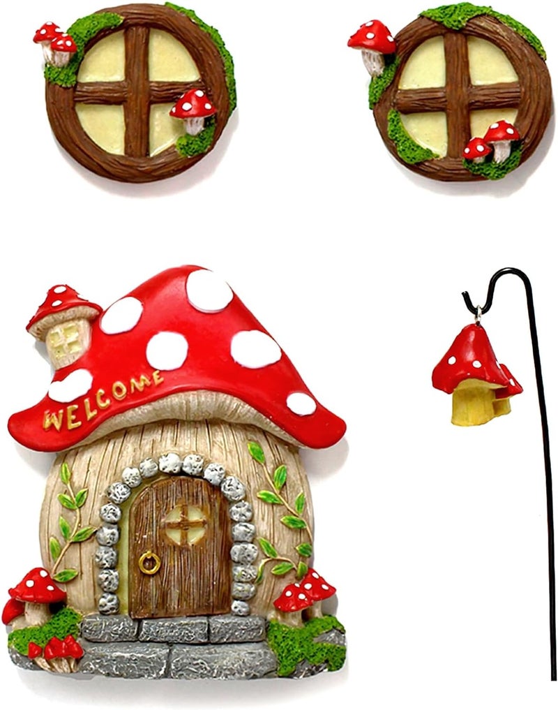 IMOFEE Fairy Door and Windows Garden Kit Accessories Outdoor, Glow in Dark Gnome House for Tree, Lawn Yard Art Sculpture, Miniature Garden Decor (Mushroom) - Image 1